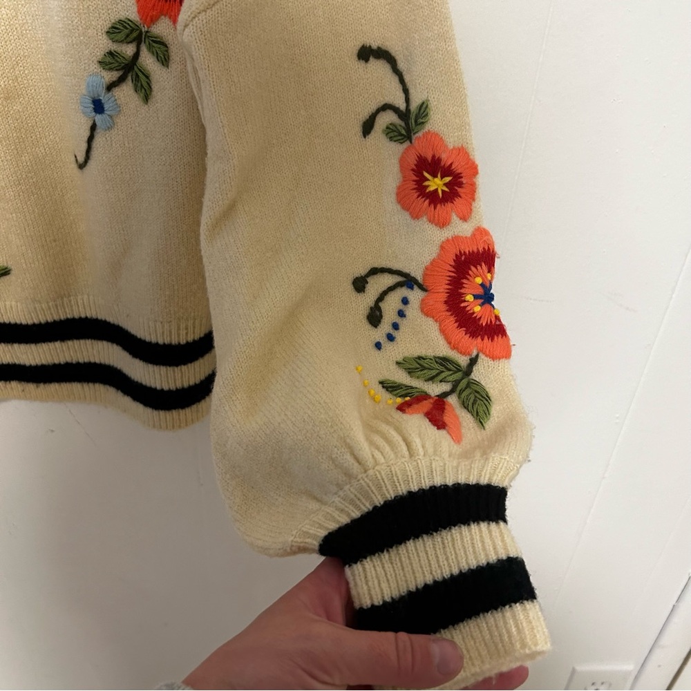 Anthro Harlyn Floral Embroidered Wool Blend Crewneck Sweater Women's Cream - Picture 4 of 9
